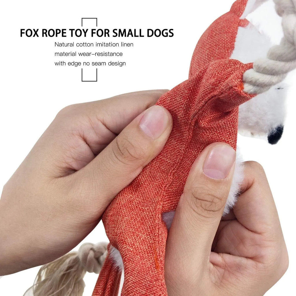 Brown fox dog toy with squeaker, crinkle paper, and cotton rope through limbs