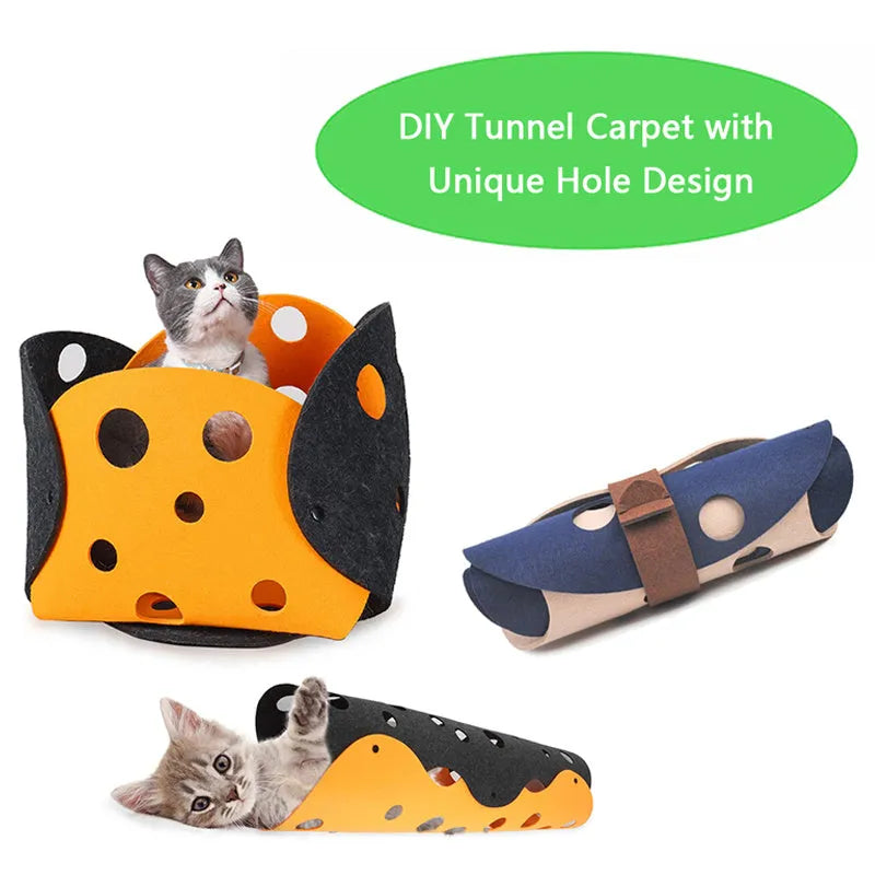 Felt cat tunnel toy 92x22cm with peepholes and two-tone surface, collapsible interactive pet toy