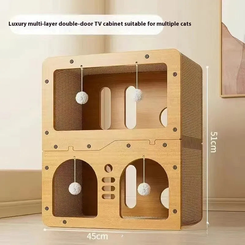 Double layer cat scratching board and nest combination with wear-resistant surface in owl design style