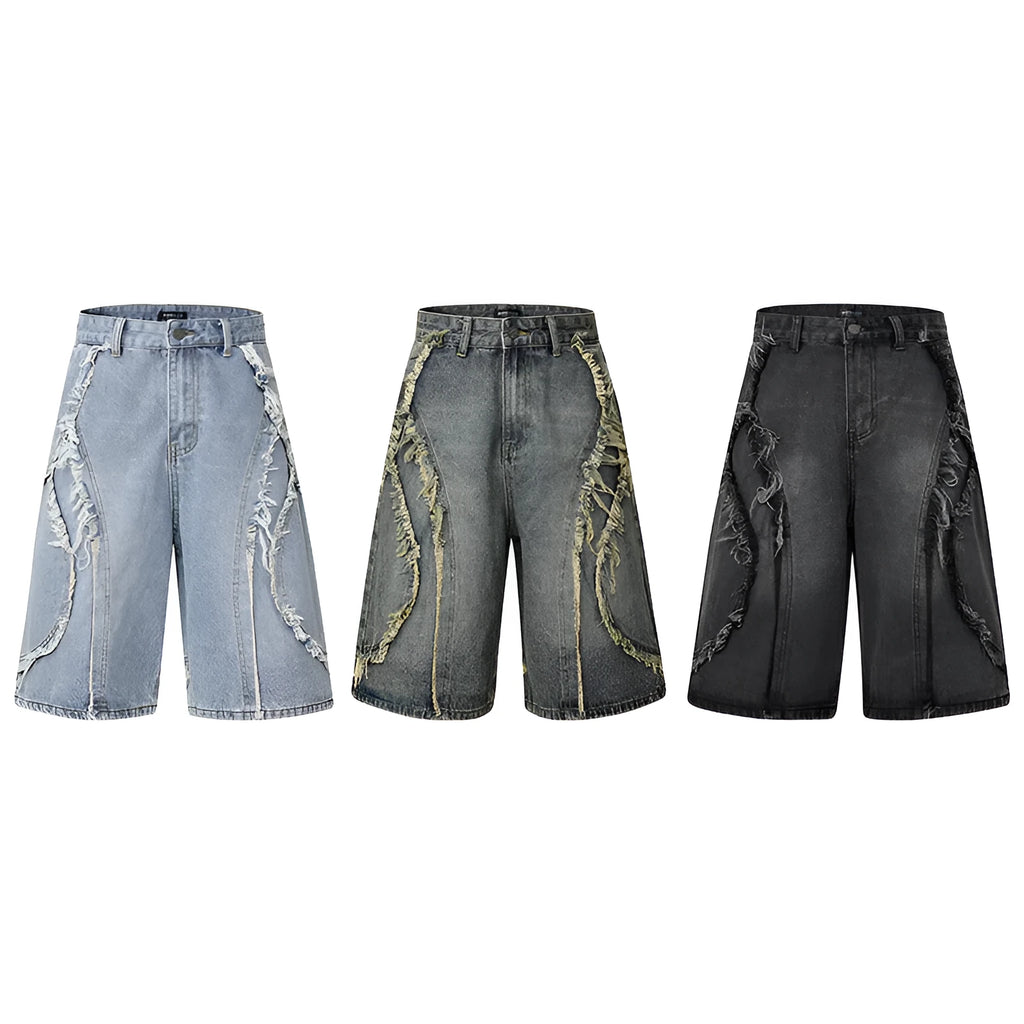 Men's distressed raw edge denim shorts in straight cut hip hop style