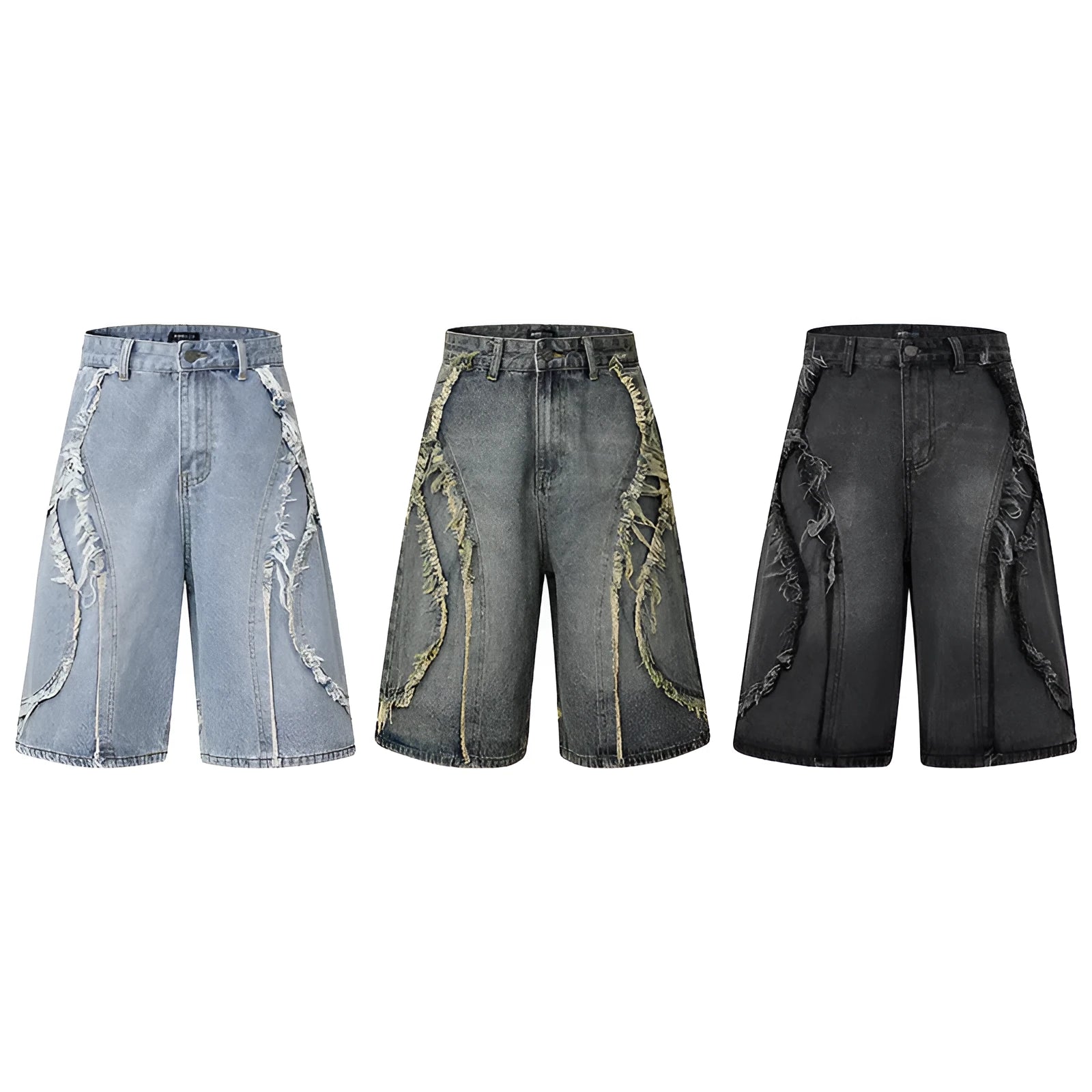Men's distressed raw edge denim shorts in straight cut hip hop style