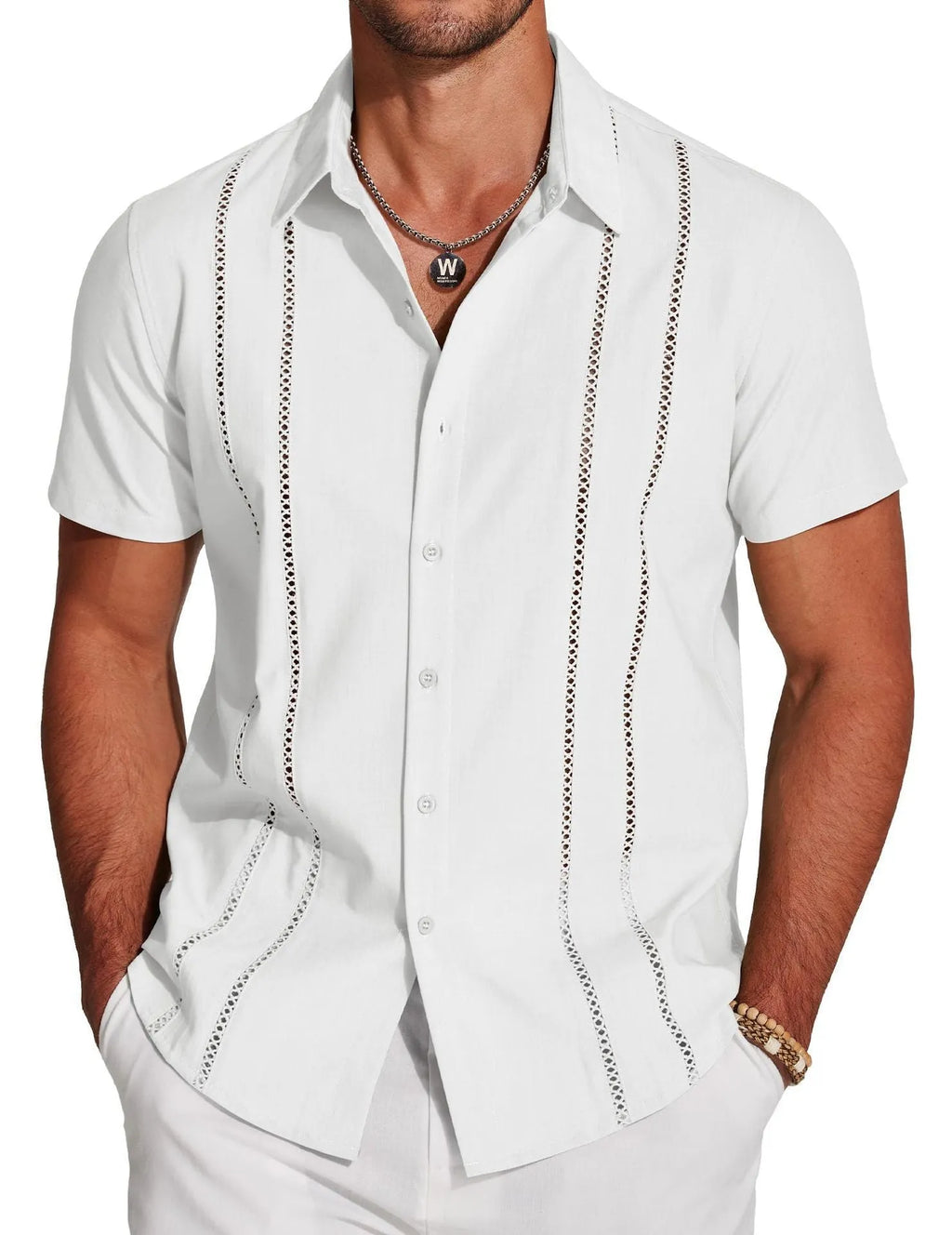 Men's slim fit Hawaiian shirt with digital printed pattern on polyester fabric