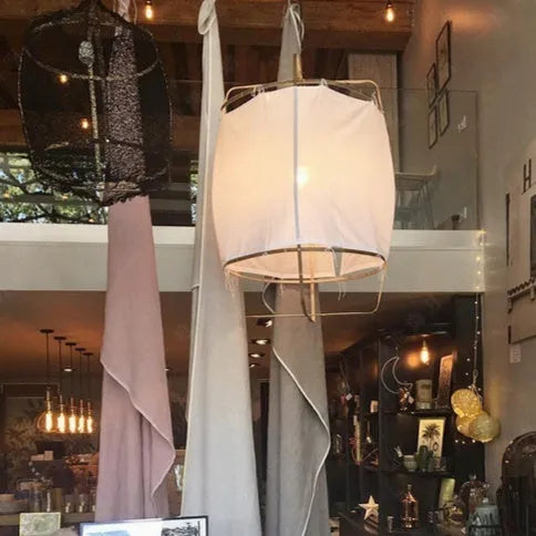 Design pendant lamp with 40cm diameter bamboo frame and beige gauze mini edition shade for restaurant use