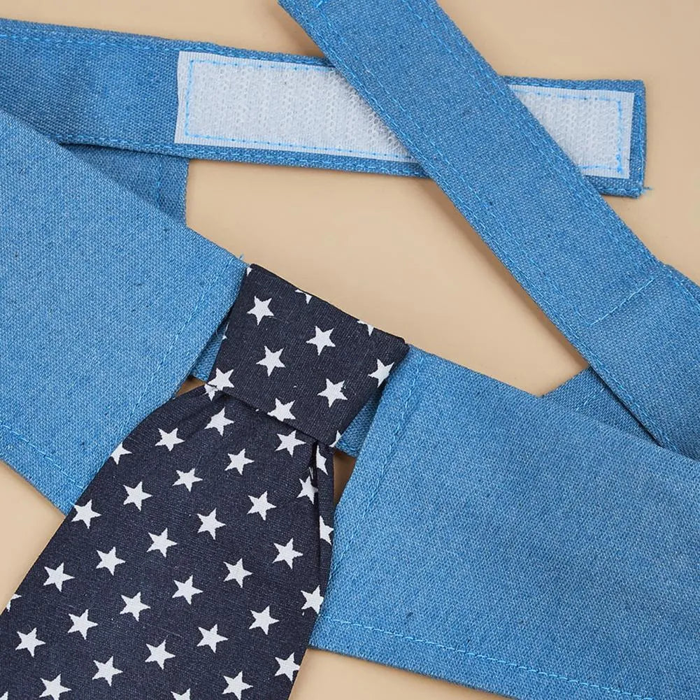Blue denim dog collar with white star pattern necktie, adjustable fastener tape, shown in three sizes