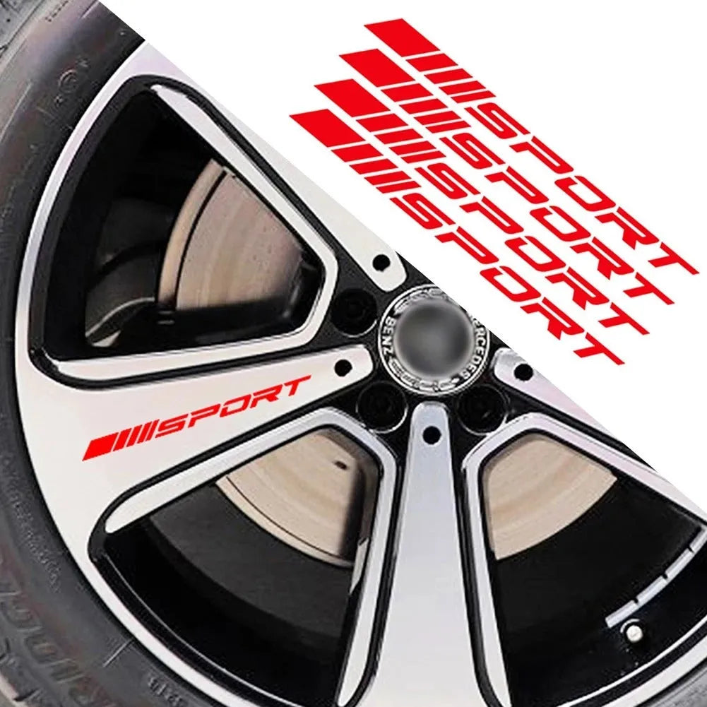 Car rim stickers in black, red and white colours with sports design for wheel decoration