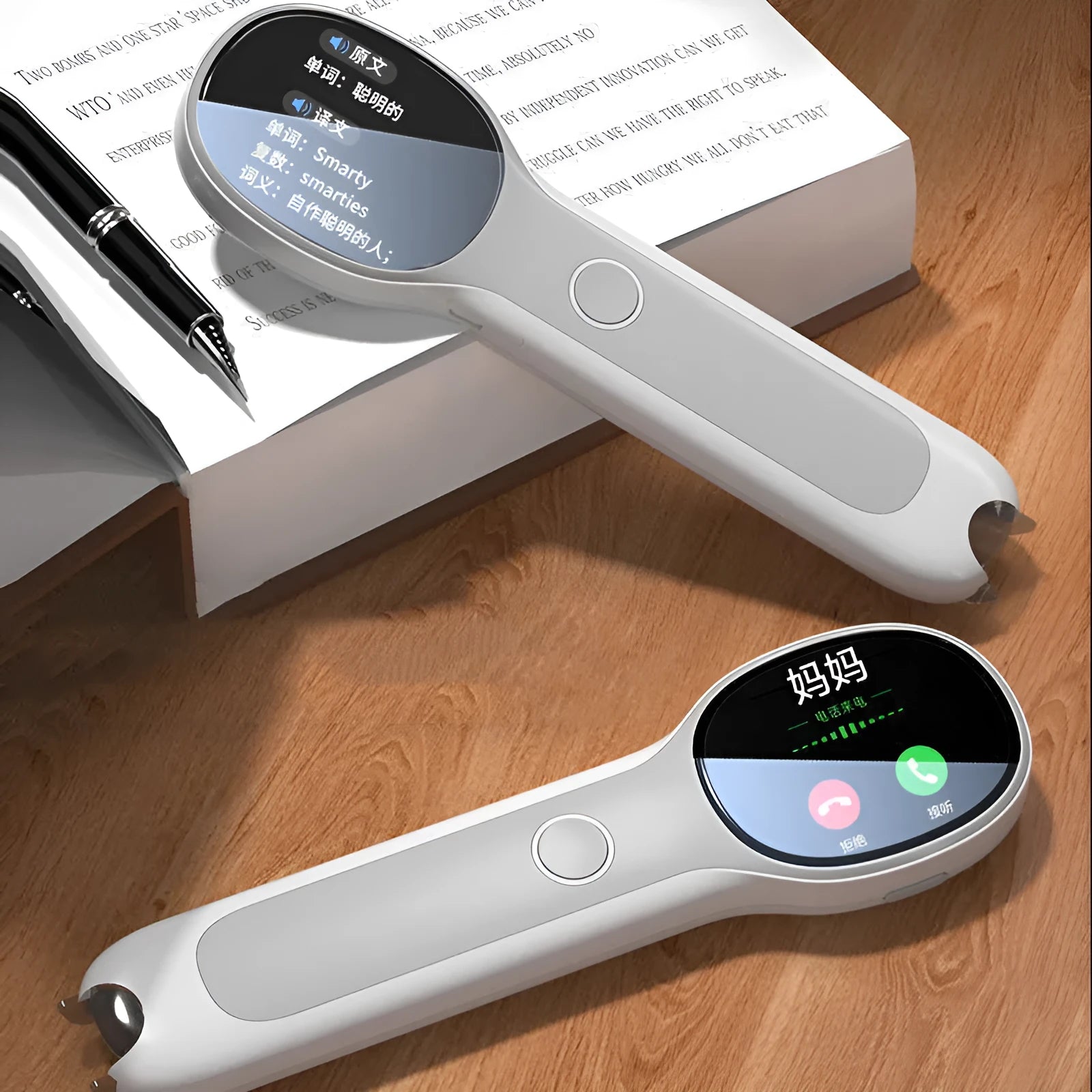 White universal reading pen for Chinese and English language learning with USB cable