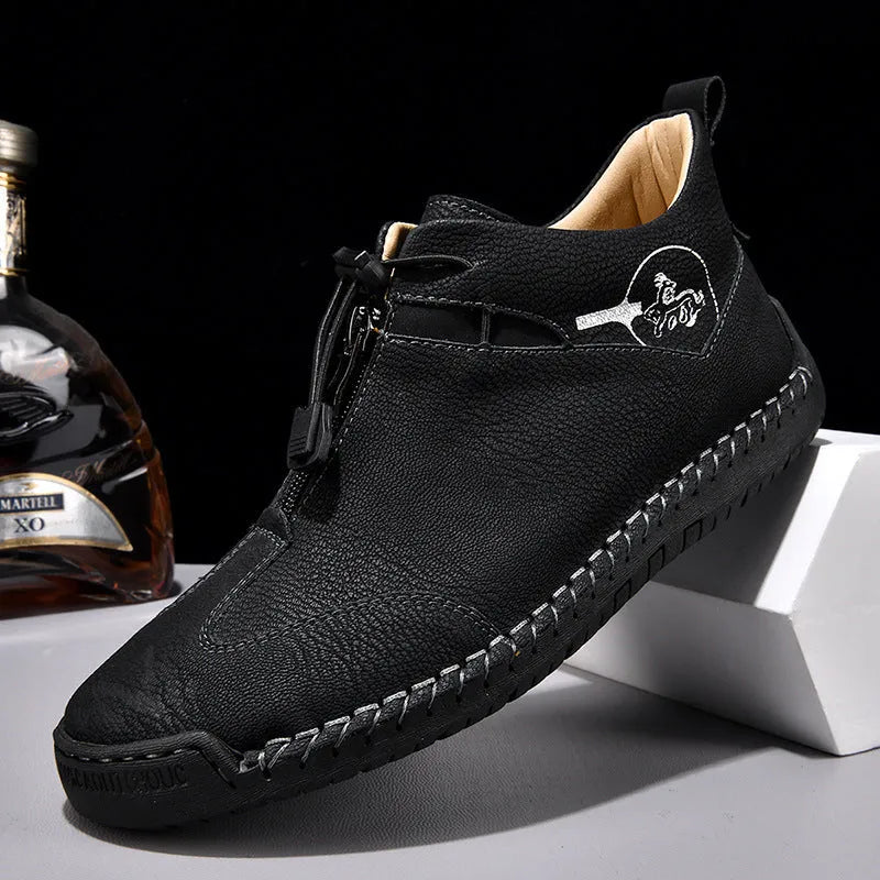 Men's casual leather shoes in green with round toe, rubber sole, and mid heel.
