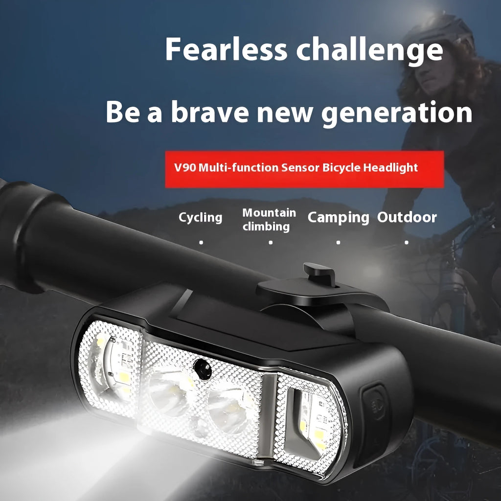 Black bicycle headlight with LED beads, showing 18650 battery compartment