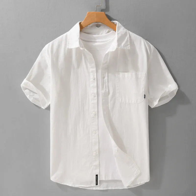 Men's loose fit pure cotton short sleeve shirt in cardigan style showing five colour options