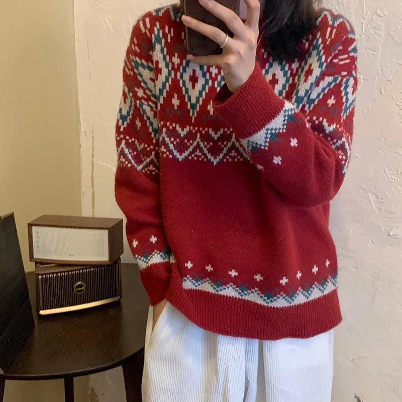 Loose retro pullover knitted top with stripe pattern in red colour