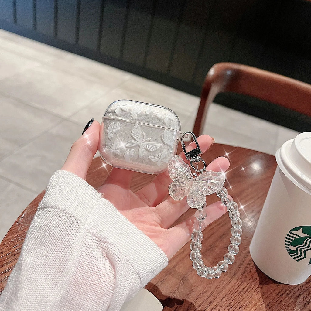Glitter butterfly print TPU flip earphone cover for AirPods in white or transparent