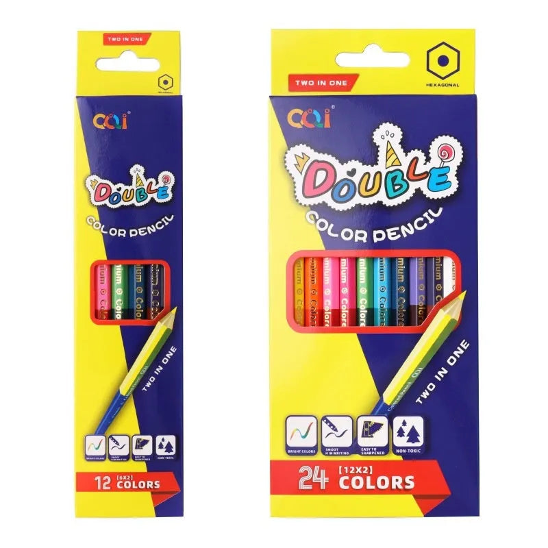Set of double-ended wooden colour pencils showing two different coloured leads on each barrel.