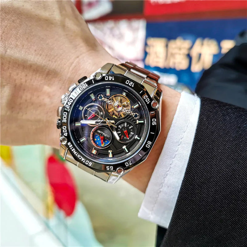 Men's automatic mechanical watch with 12mm case in various colour combinations including silver, black, and black with gold