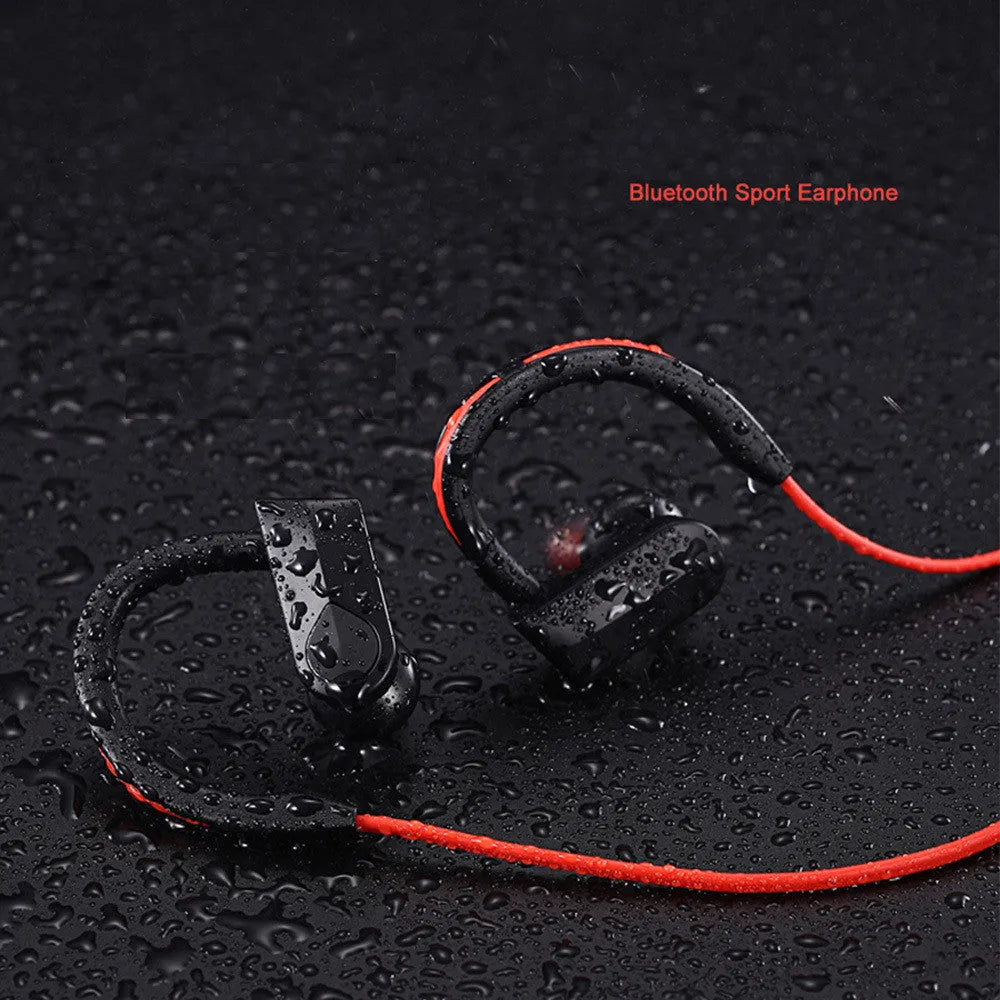 Black wireless neckband Bluetooth earphones showing earpieces and control module on the neckband.