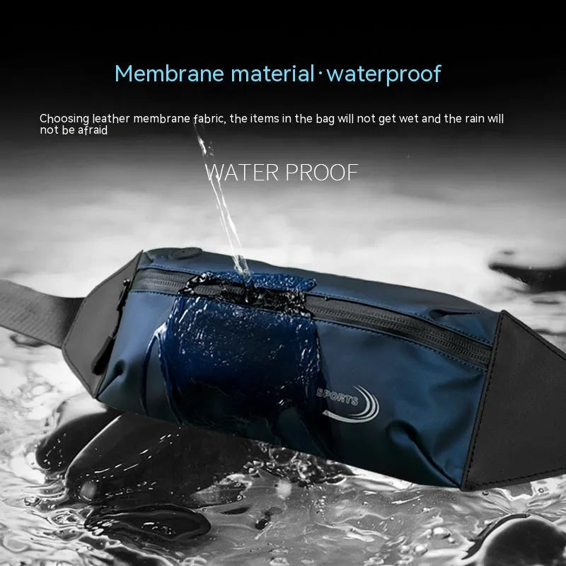 Men's blue waterproof sports waist bag made from Derm Oxford polyester.