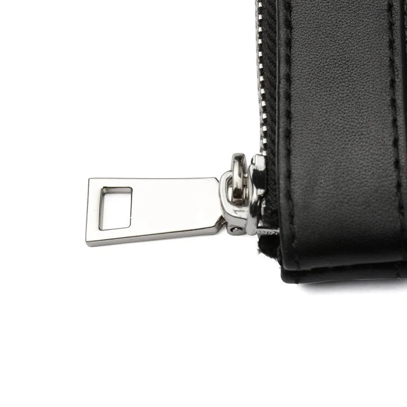 Men's black genuine cowhide leather clutch wallet showing front view with dimensions.