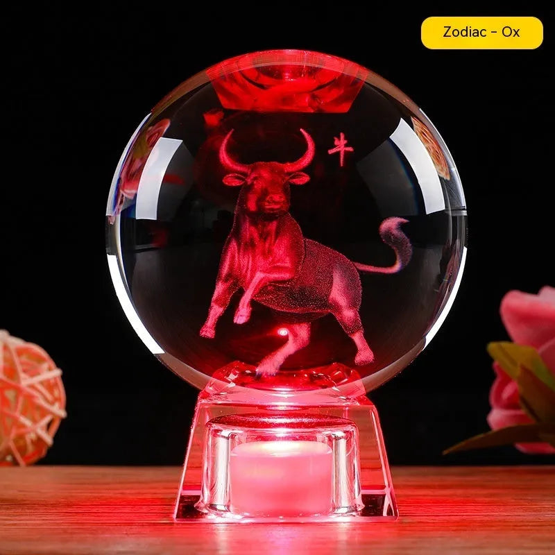 White crystal ball lamp with Chinese zodiac animal figurine on LED electronic base