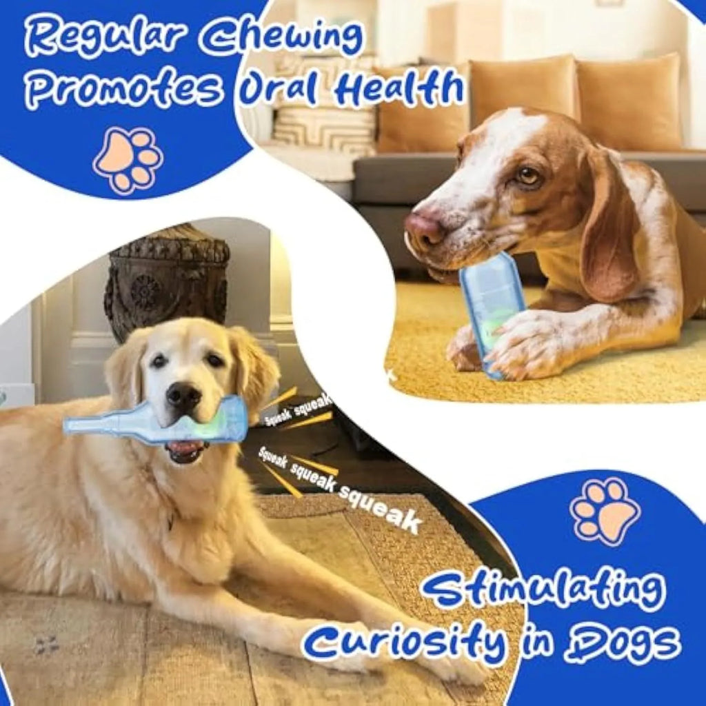 Blue water bottle shaped dog chew toy with squeaker for aggressive chewers