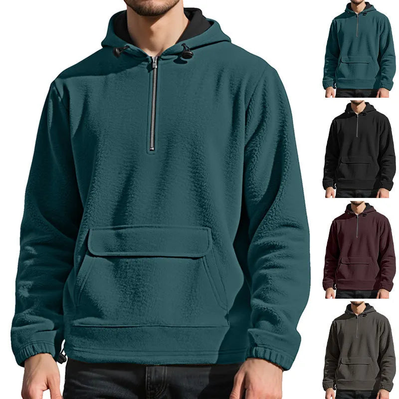Men's padded fleece sweater, half zip hooded pullover, loose fit, solid colour, polyester, sizes S to XXXL