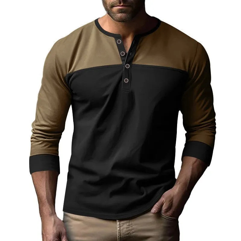 Man wearing a retro-style brown long-sleeve henley collar casual shirt.