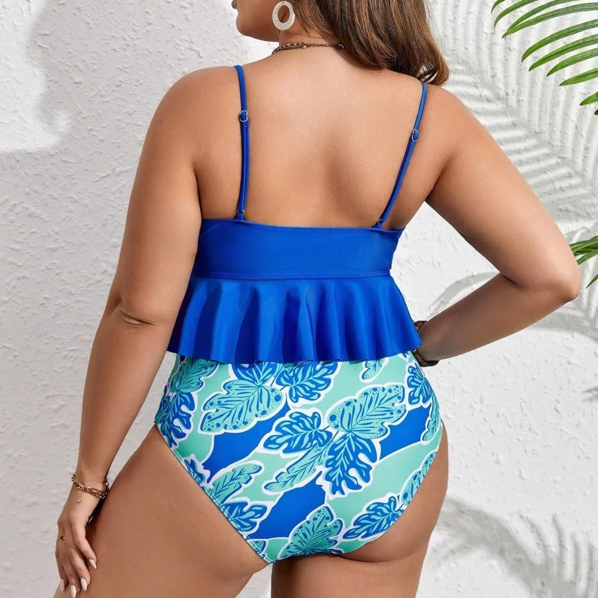 Blue polyester bikini set with top and briefs shorts in extended sizes 0XL to 4XL