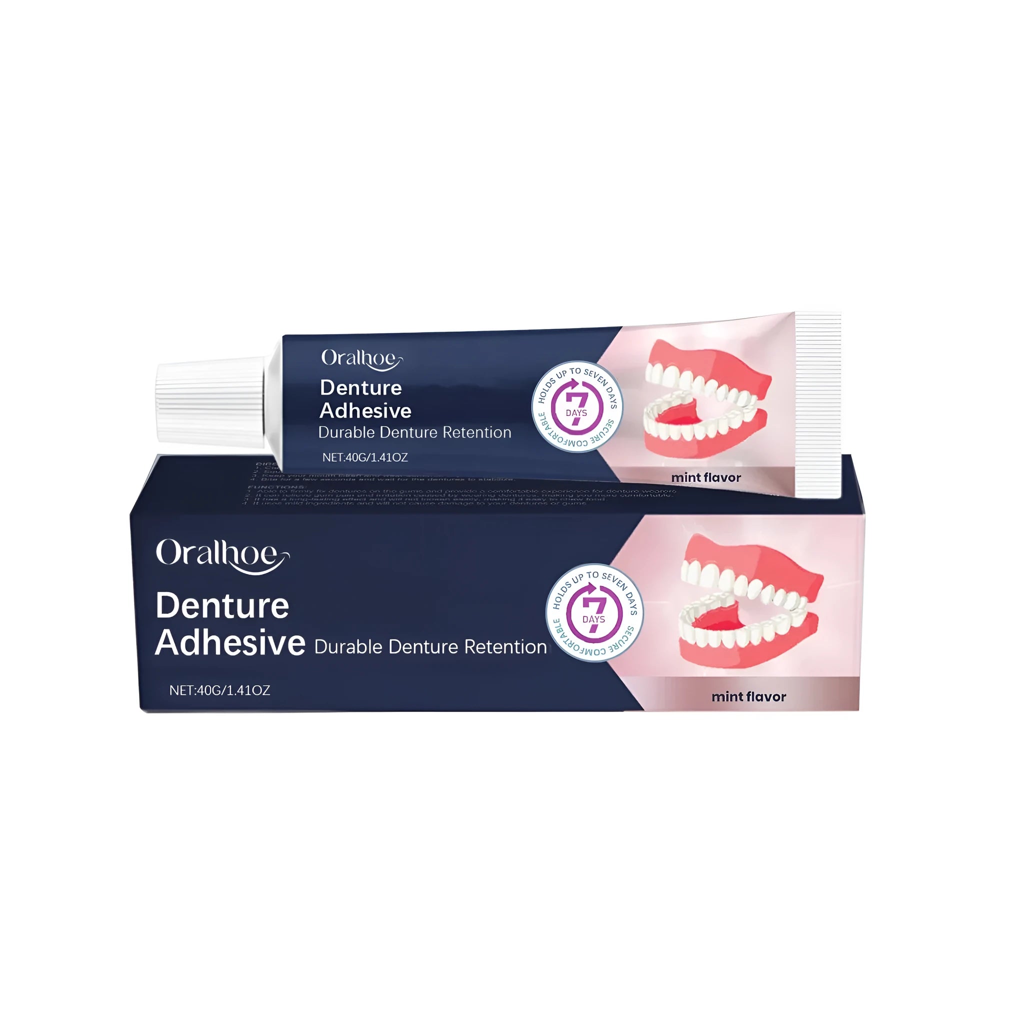 40g tube of denture fixing adhesive cream for securing dental plates with menthol flavouring