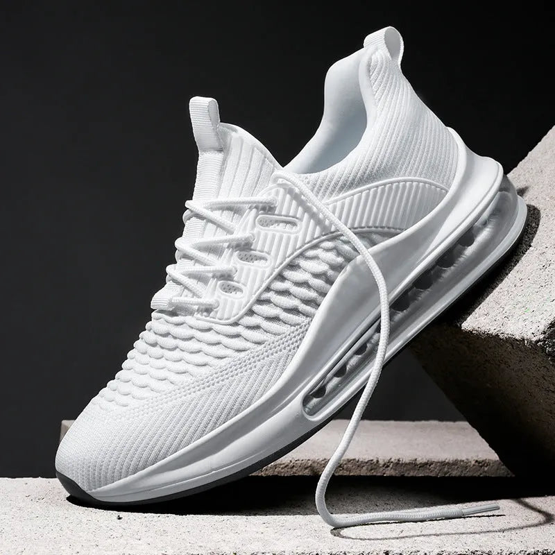 Men's black low-top mesh running shoe with lace-up front and rubber sole.