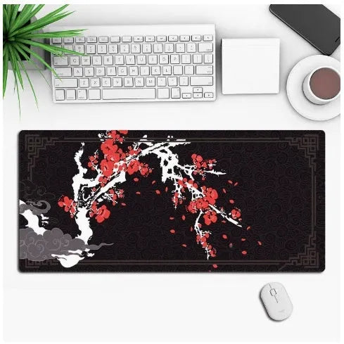 Custom anime graphic gaming mouse pad with non-slip rubber base on a wooden desk.