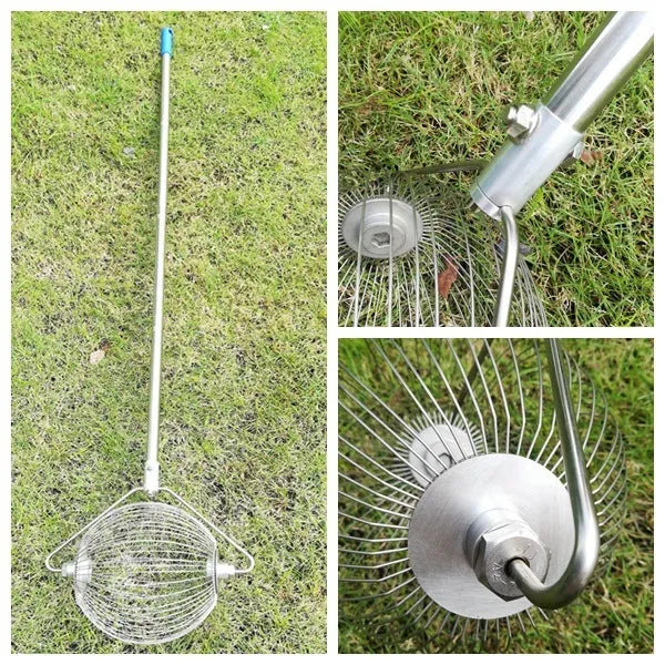Handheld stainless steel golf ball picker retriever tool in metal colour.