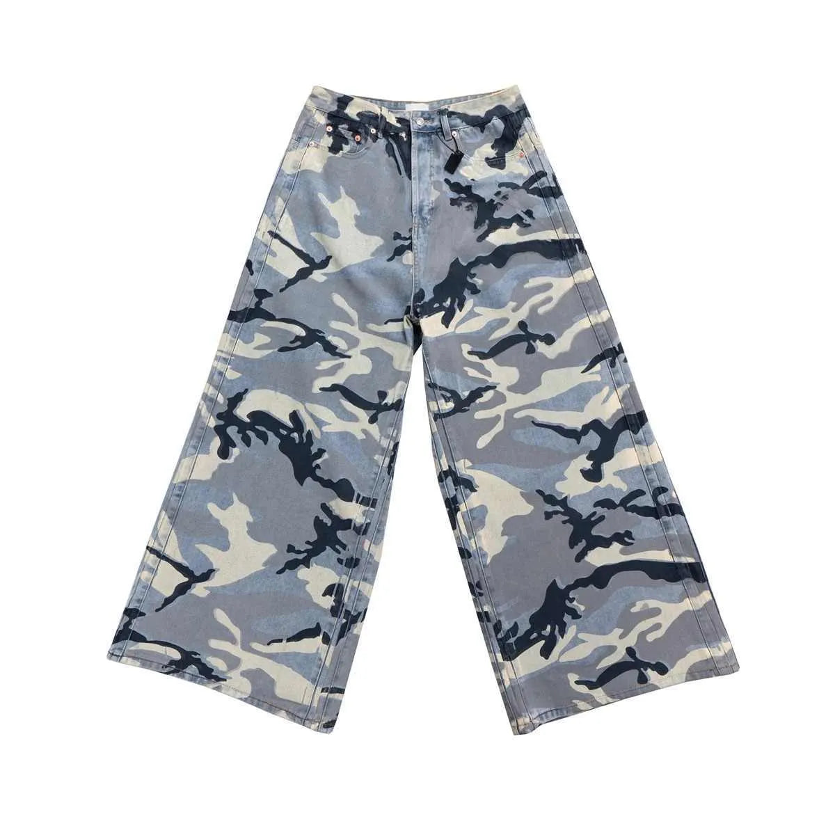 Man and woman wearing loose-fit snow camouflage blue jeans made from stretch cotton denim.