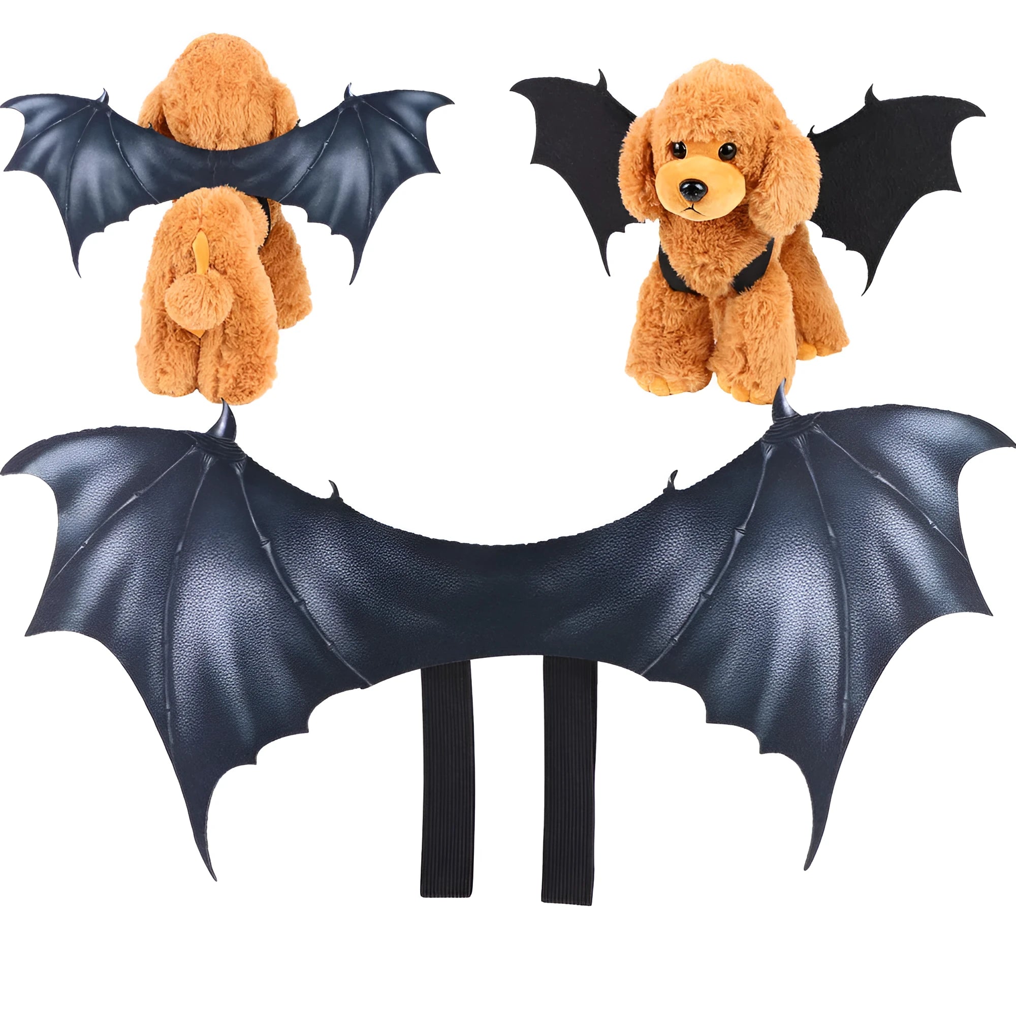 Black cloth bat wing Halloween costume for a dog or cat showing three size options.