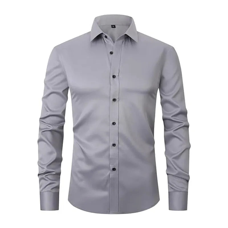 Men's grey stretch long sleeve work shirt made from polyester fabric on a hanger