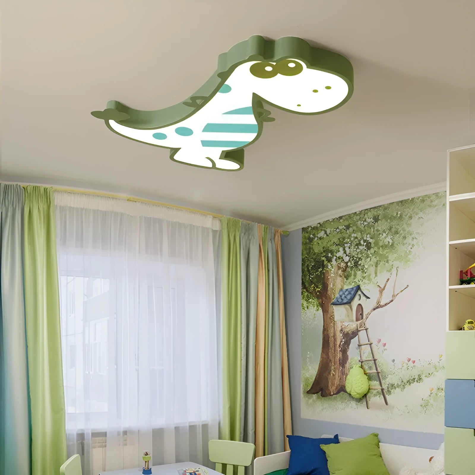 Cartoon dinosaur themed ceiling light with aluminium body and PVC shade, 48cm diameter