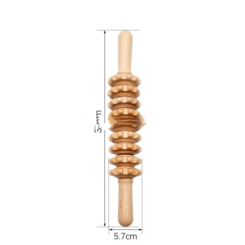 Beech wood massage roller set showing T-shaped roller and multiple wheel configurations for natural muscle relief