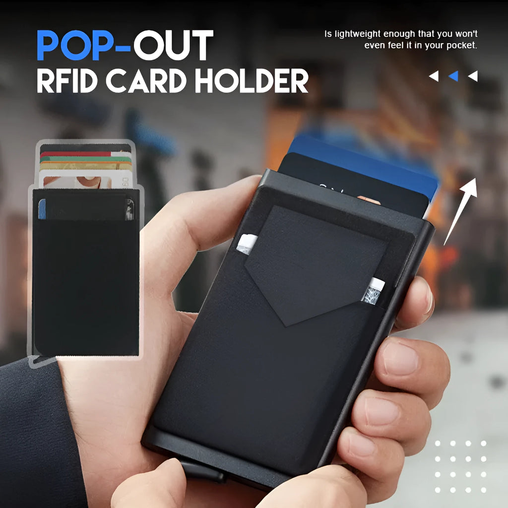 Aluminium alloy frosted metal credit card holder in multiple colour options on a grey background.