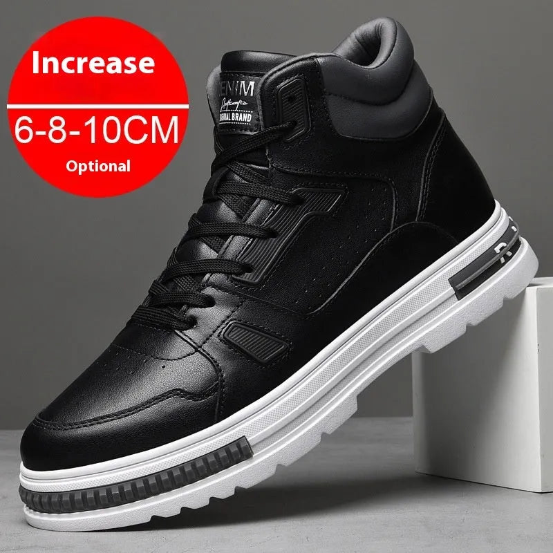 Men's mid-top Martin boots with height increasing insole, two-layer cowhide upper, black and white options