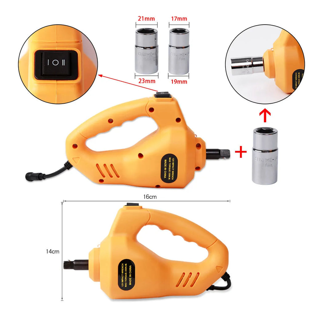 Yellow electric car jack set with wrench for roadside tyre changes
