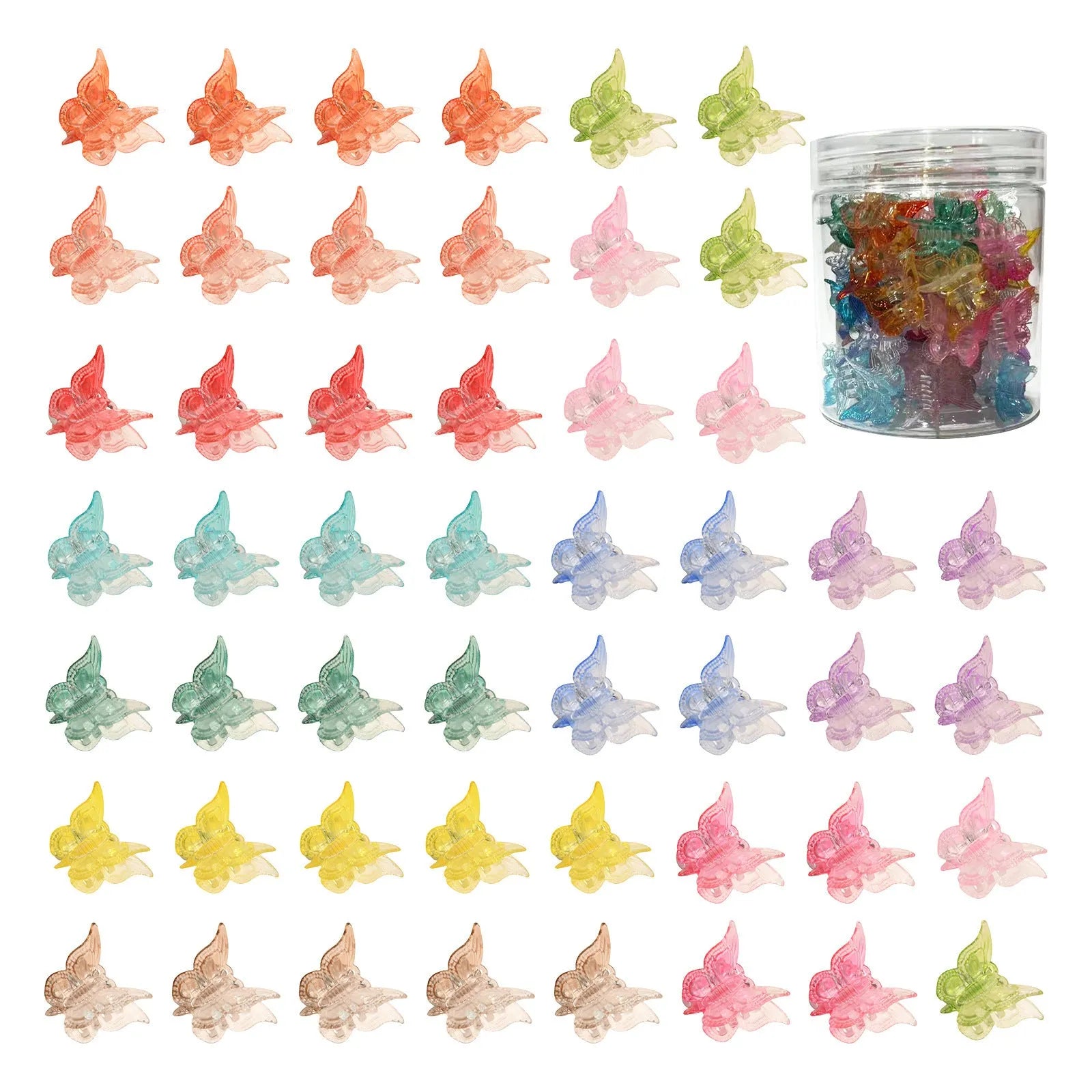 50 glitter mini butterfly hair claw clips in 14 colours on white background