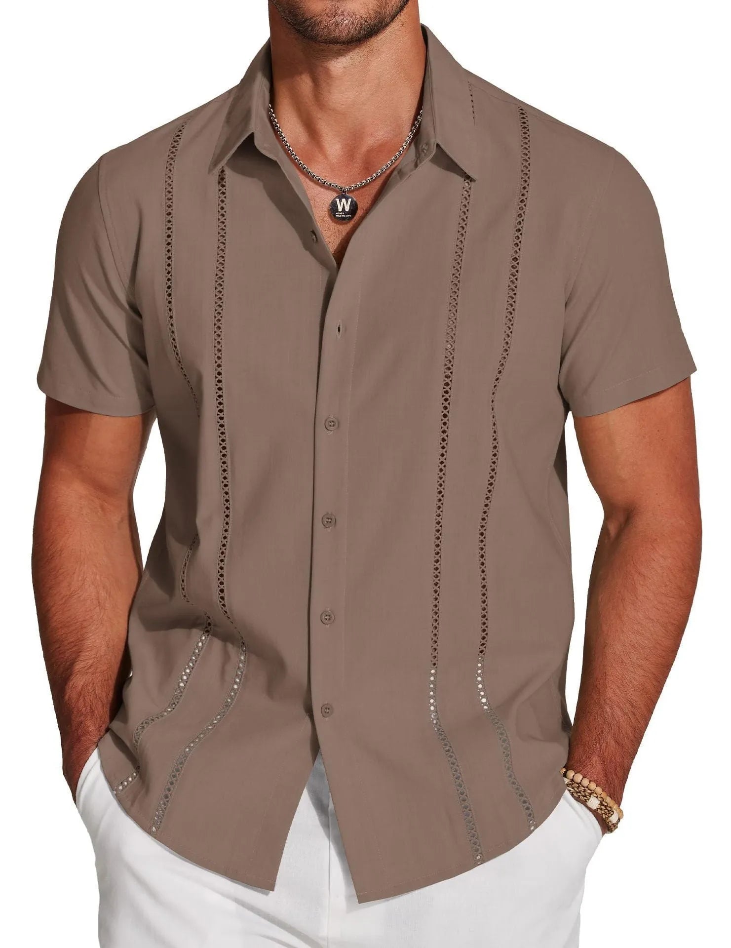 Men's slim fit Hawaiian shirt with digital printed pattern on polyester fabric