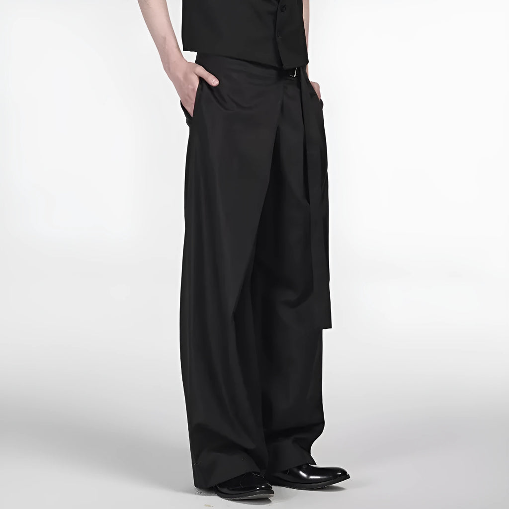 Black straight-leg trousers with adjustable waistband and single pleat design in Tencel cotton fabric