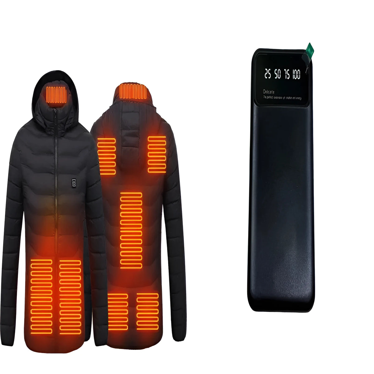 Smart heated coat with 3-gear temperature control, hood, and power bank in black