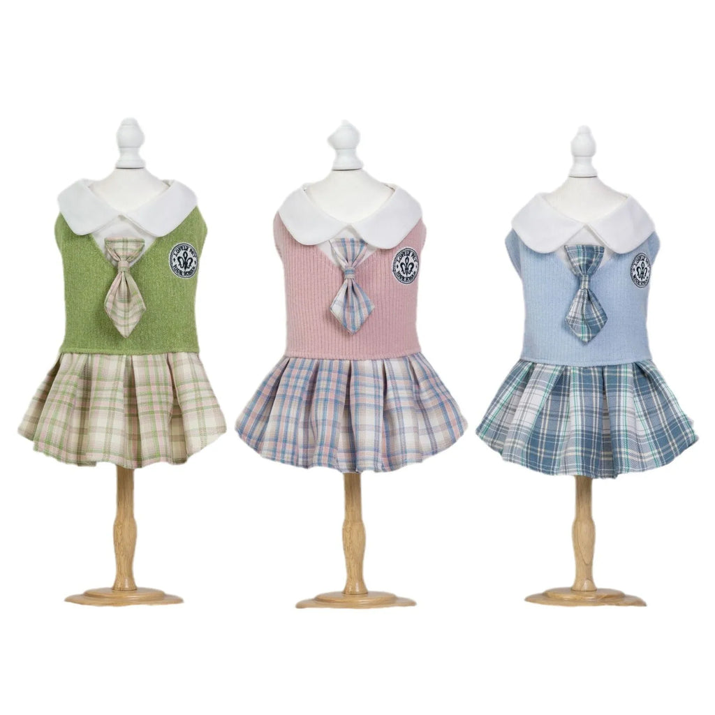 Pink tartan princess skirt for a small dog on a white background