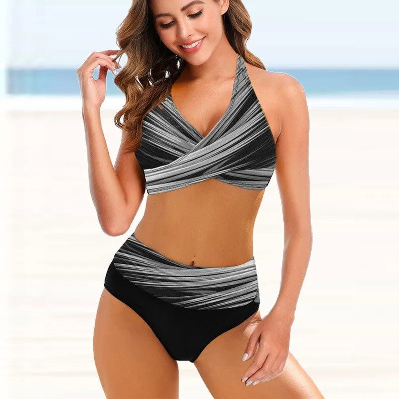 Ladies striped tie-dye bikini with hollow design and high-waisted backless briefs.