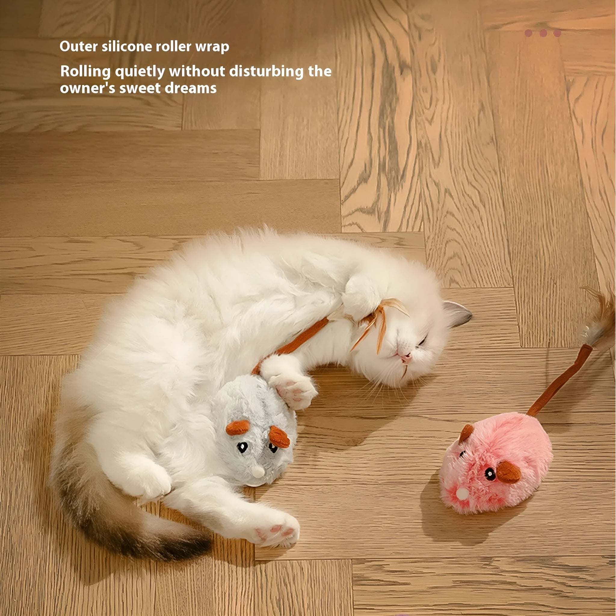 Electric interactive cat toy with rotating pole and moving plush mouse in dark grey, pink, or purple colours