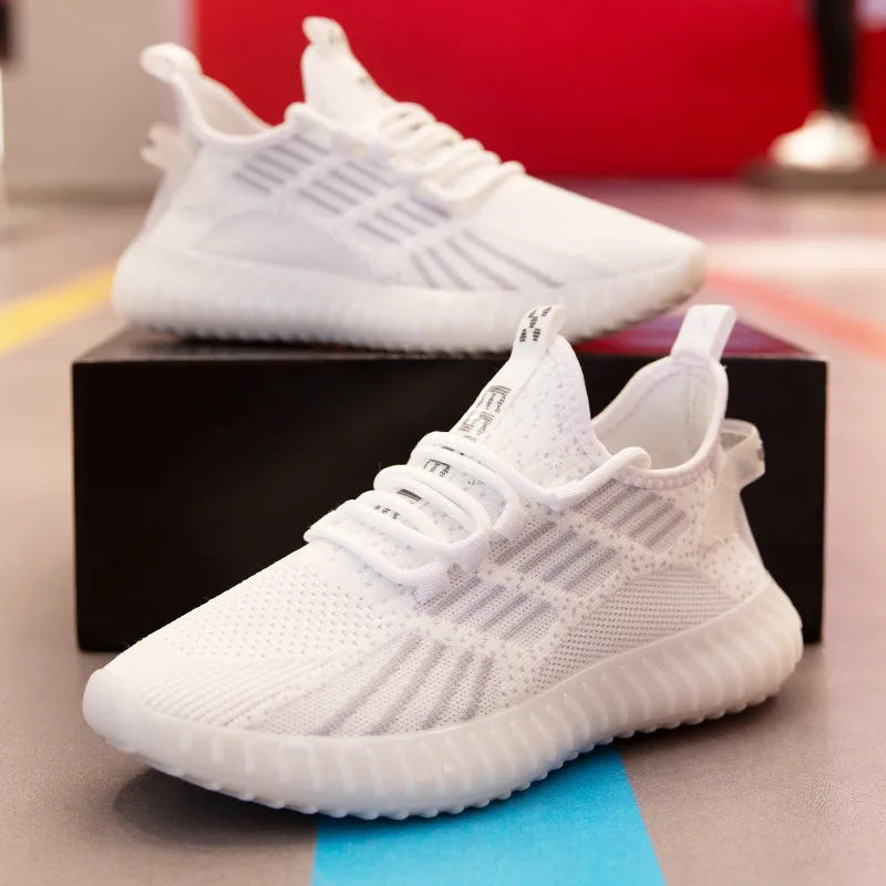 Men's white breathable flying fabric sports shoes with shallow opening and platform heel