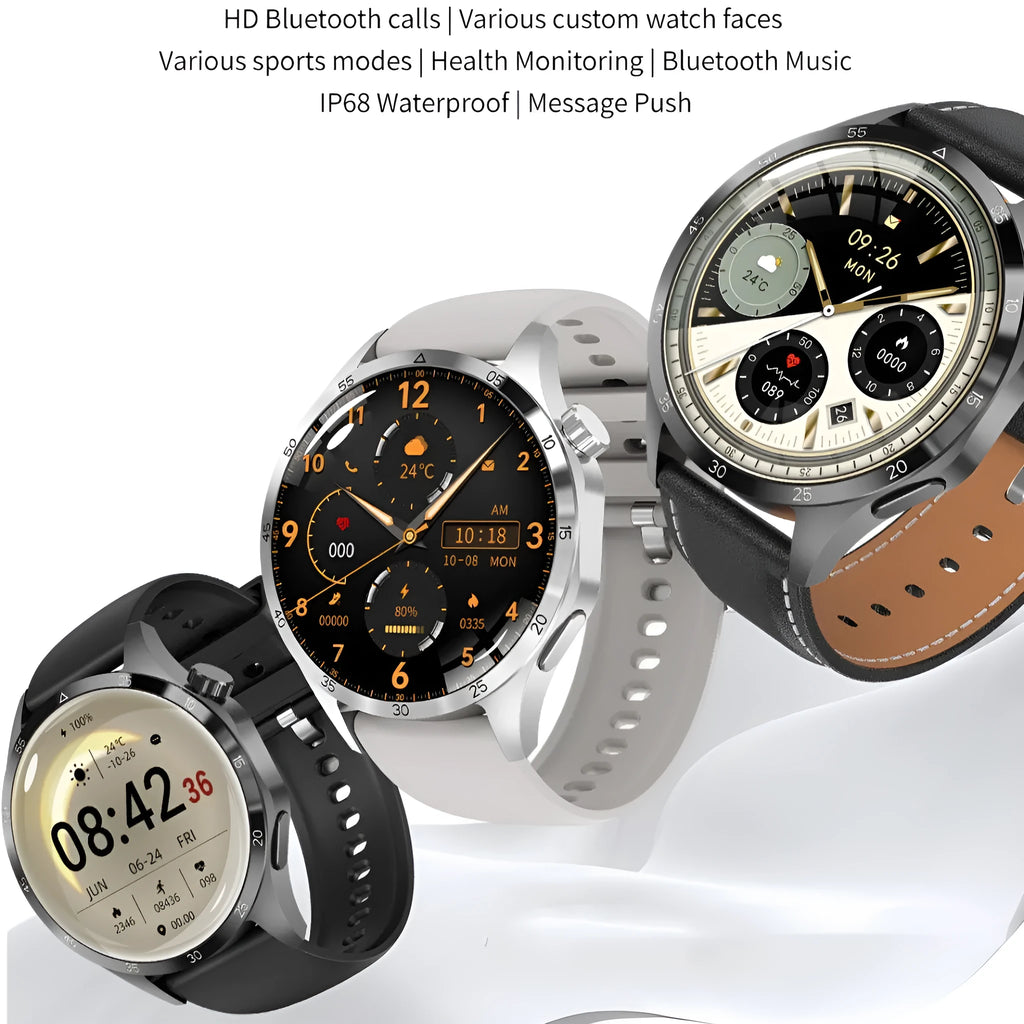 Black Bluetooth smartwatch with touch screen displaying health metrics, available with silicone or Milan net strap options
