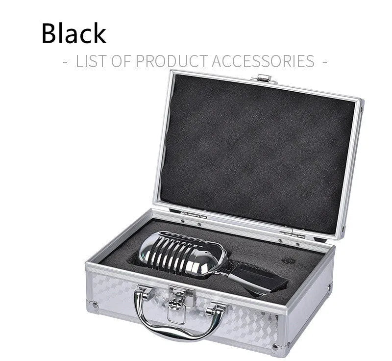 Retro style dynamic wired microphone in black or silver for stage and home karaoke use.