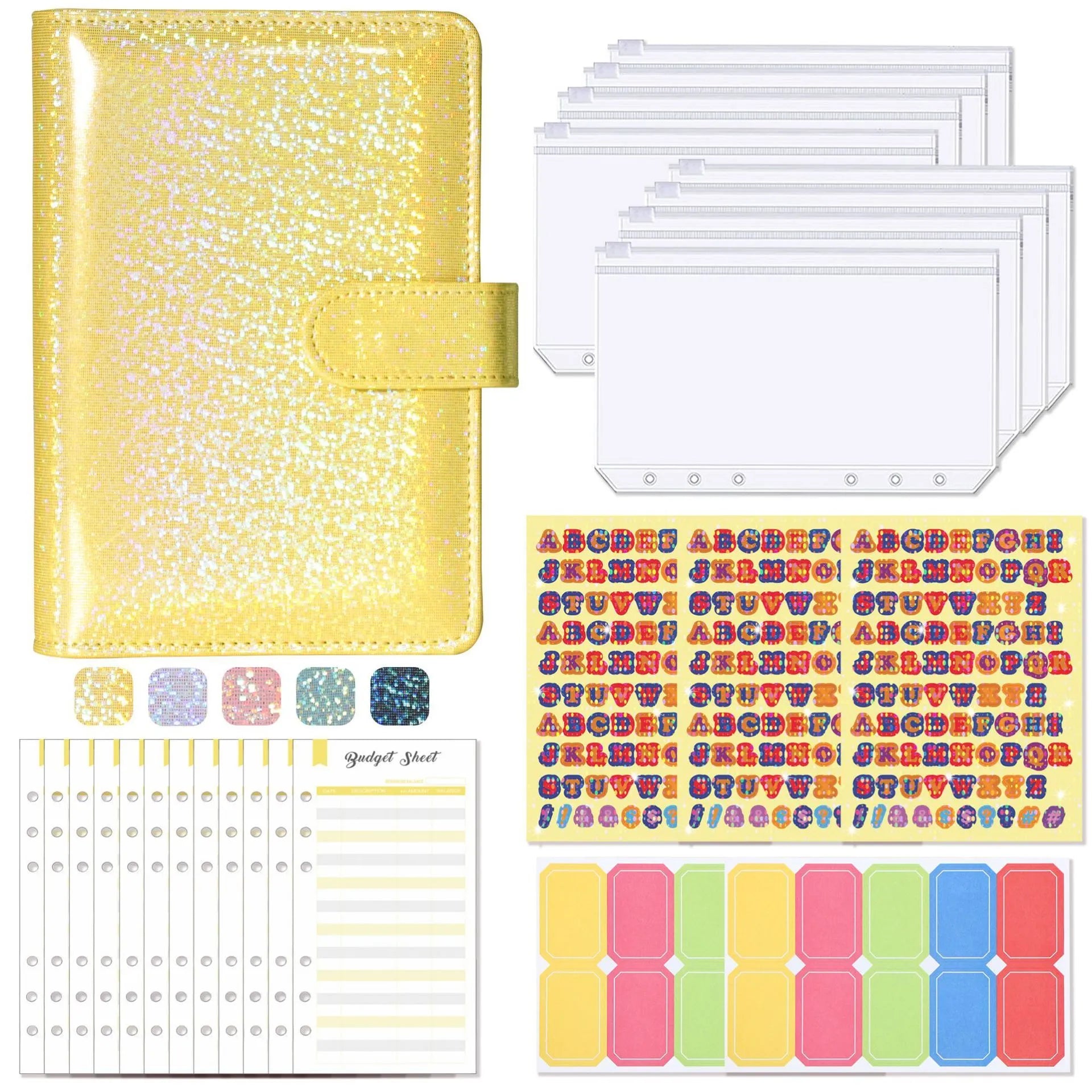 A6 clip notebook journal with imitation leather cover in Macaron style showing zipper bags and inserts