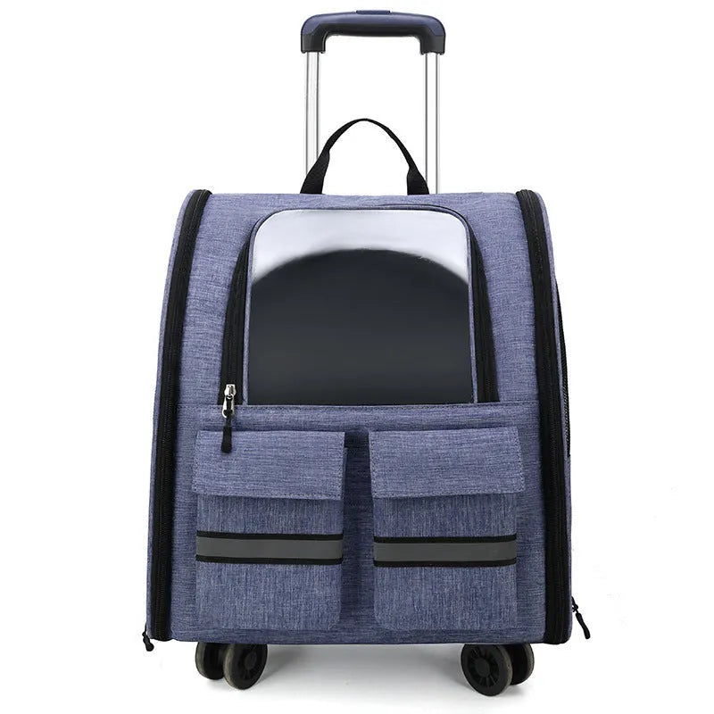 Foldable Oxford cloth pet cat bag with double shoulder straps and pull rod in grey, blue, purple, or khaki.