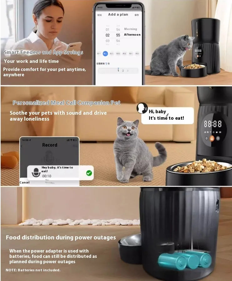 Black automatic pet feeder with digital display and food hopper on a floor